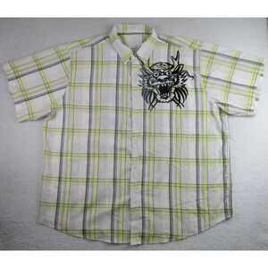 Roadblock Jeans Shirt Mens 4XL Yellow Gray Plaid Dragon Graphic Button Up Casual